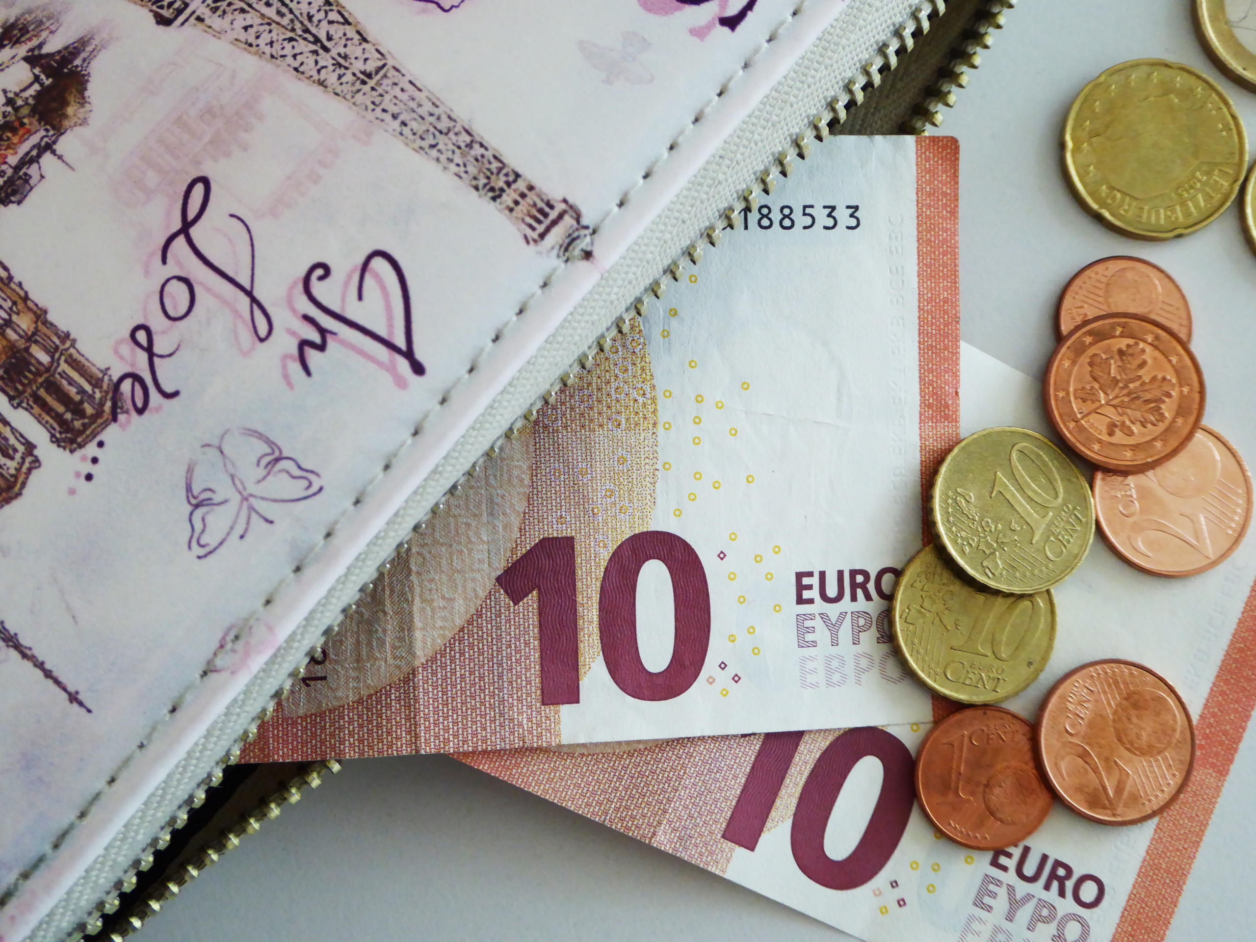 A Purse With Two 10 Euro Notes And A Few Small Coins