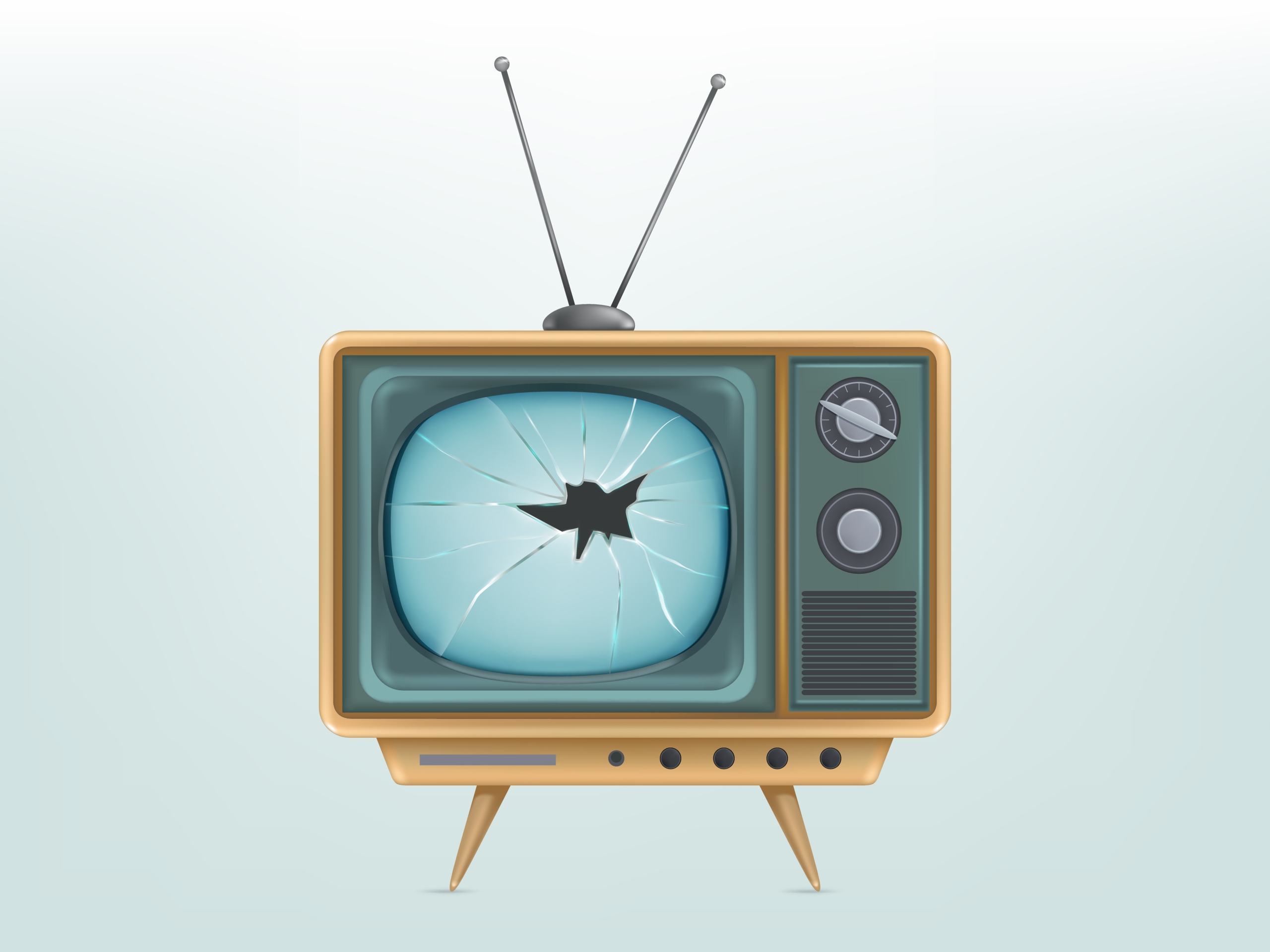 Vector Illustration Of Broken Retro Tv Set, Television. Injured Electric Video Display For Broadcasting, News.